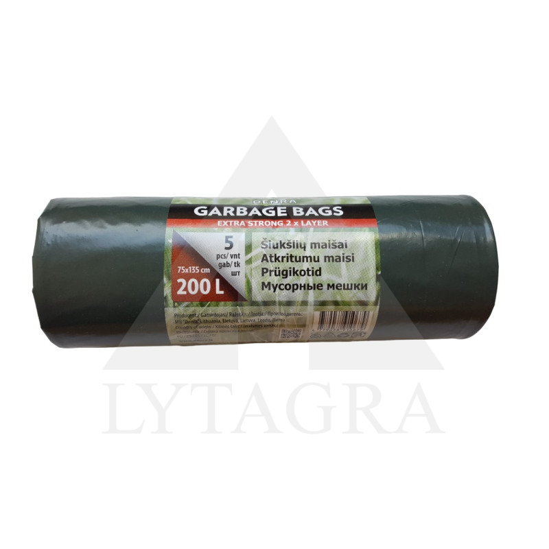 LDPE ŠIUKŠLIŲ MAIŠAS 200L 5 VNT/RUL. ŽALIAI/JUODAS