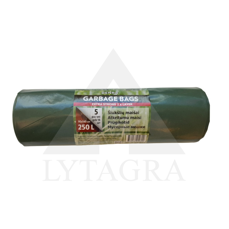 LDPE ŠIUKŠLIŲ MAIŠAS 250L 5 VNT/RUL. ŽALIAI/JUODAS