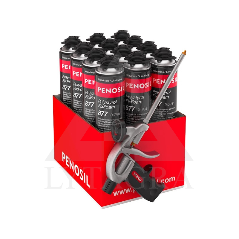 Komplektas: PENOSIL Premium Polystyrol FixFoam 877 klijuojančios putos 750 ml, 12 vnt. + putų pistoletas C1