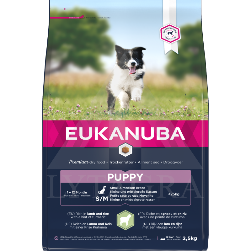 Ėdalas mažų ir vidutinių veislių šuniukams EUKANUBA su ėriena ir ryžiais 2,5 kg