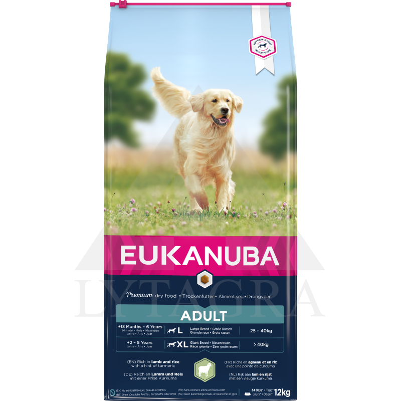 Ėdalas didelių veislių suaugusiems šunims EUKANUBA su ėriena ir ryžiais 12 kg