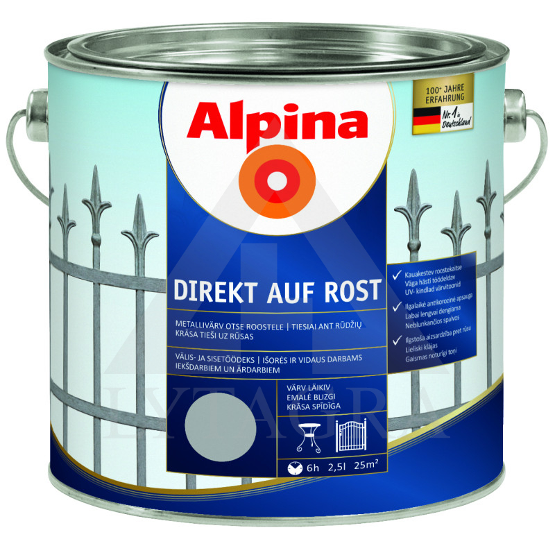 Antikoroziniai dažai  ALPINA DIREKT AUF ROST, RAL9006, 2,5 l, sidabro spl., blizgūs