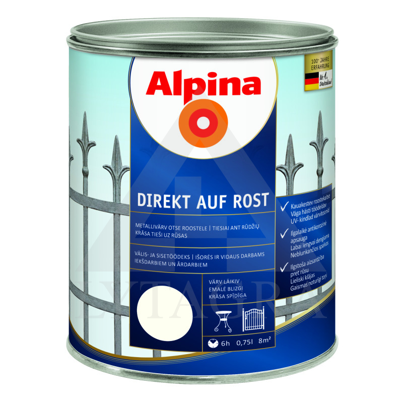 Antikoroziniai dažai  ALPINA DIREKT AUF ROST, RAL1015, 0,75 l, dramblio kaulo spl., blizgūs