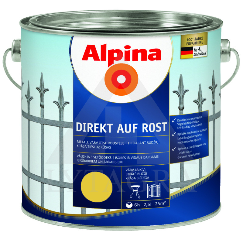 Antikoroziniai dažai  ALPINA DIREKT AUF ROST, RAL1021, 2,5 l, geltonos spl., blizgūs