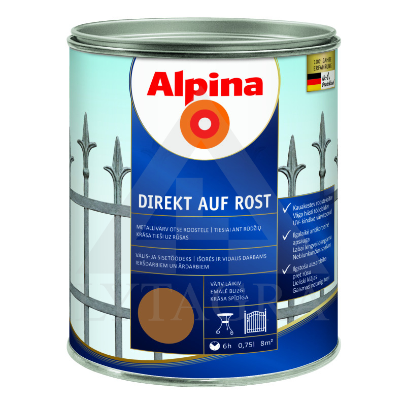 Antikoroziniai dažai  ALPINA DIREKT AUF ROST, RAL1036, 0,75 l, aukso spl., blizgūs
