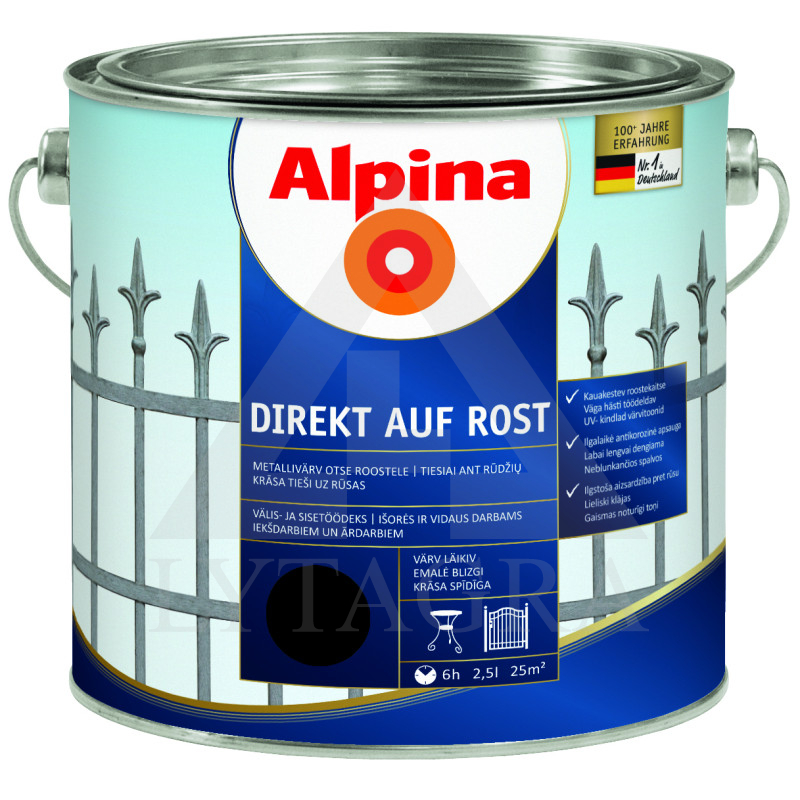 Antikoroziniai dažai  ALPINA DIREKT AUF ROST, RAL9005, 2,5 l, juodos spl., blizgūs Antikoroziniai dažai  ALPINA DIREKT AUF ROST, RAL9005, 2,5 l, juodos spl., blizgūs