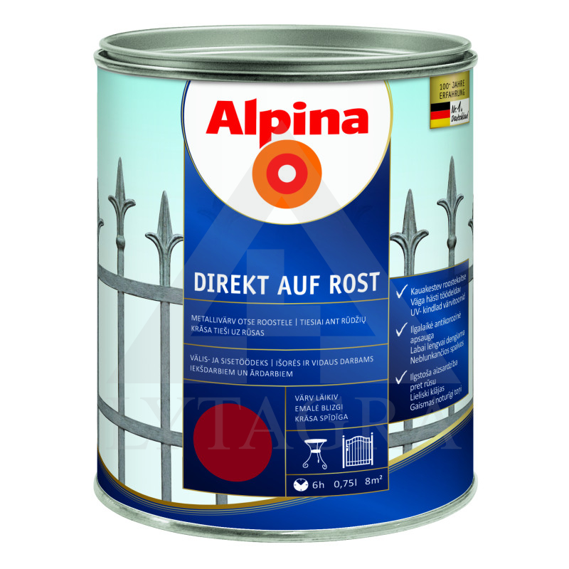 Antikoroziniai dažai  ALPINA DIREKT AUF ROST, RAL3005, 0,75 l, raudono vyno spl., blizgūs