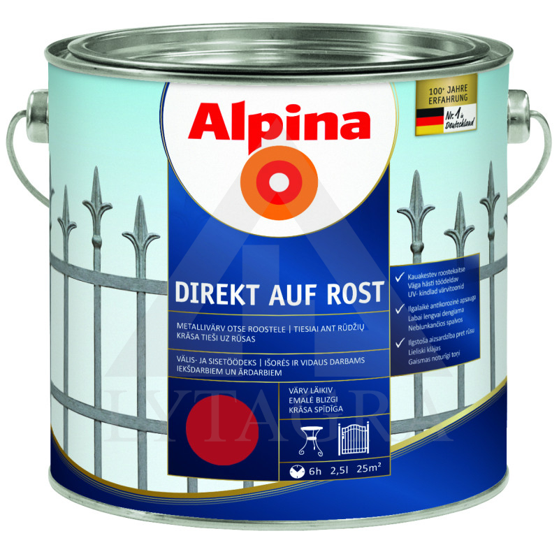 Antikoroziniai dažai  ALPINA DIREKT AUF ROST, RAL3000, 2,5 l, raudonos spl., blizgūs