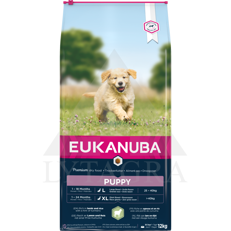 Ėdalas didelių veislių šuniukams  EUKANUBA su ėriena ir ryžiais 12 kg