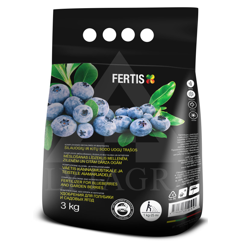 FERTIS kompleksinės šilauogių ir kitų sodo uogų trąšos, be chloro ir nitratų, 3 kg
