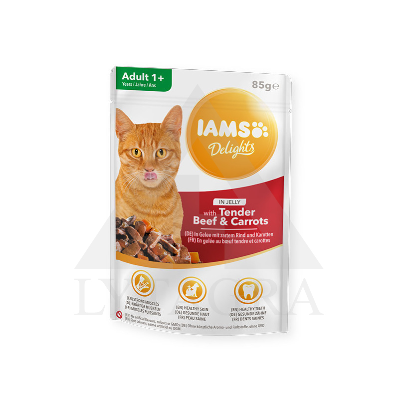 Konservai  katėms drebučiuose IAMS su jautiena ir morkomis 85 g 81602920