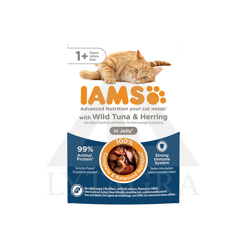 Konservai  katėms drebučiuose IAMS su tunu ir silke 85 g 81602922