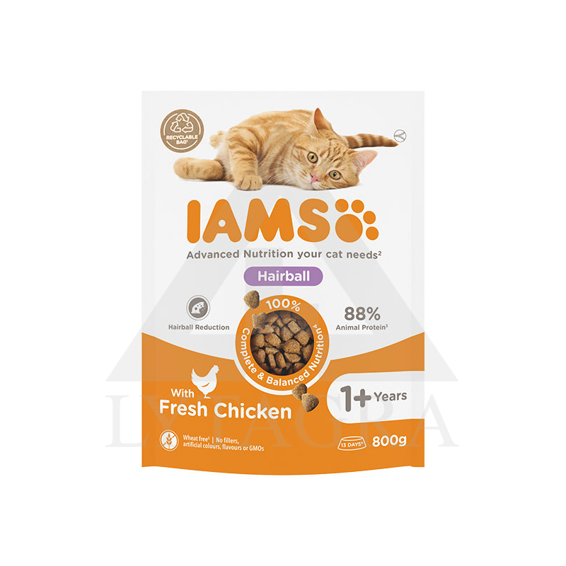 Pašaras katėms hairball IAMS su vištiena 800 g 81603146