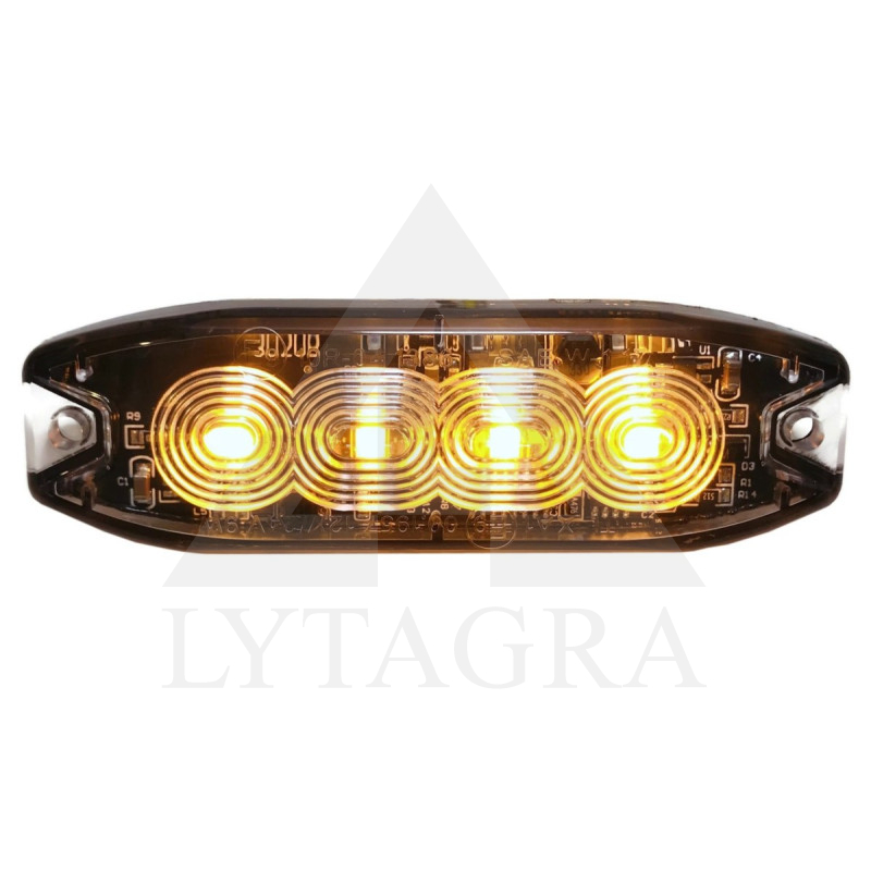 LED švyturėlis geltonas, 4 LED blykstė, (19 funkcijų), tvirtinamas varžtais, klijuojamas  9W,12/24V