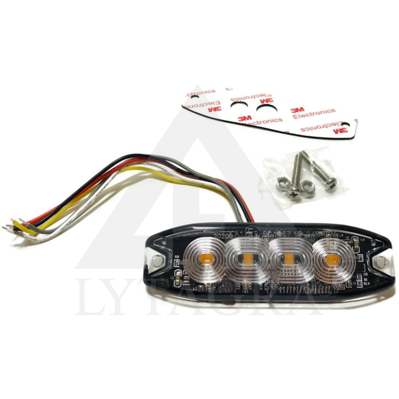 LED švyturėlis geltonas, 4 LED blykstė, (19 funkcijų), tvirtinamas varžtais, klijuojamas  9W,12/24V