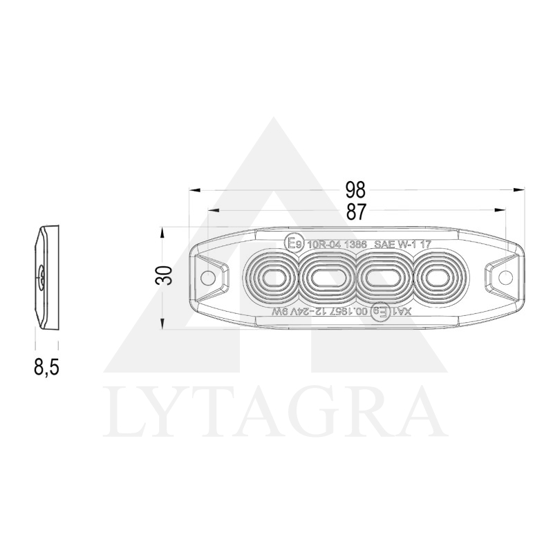 LED švyturėlis geltonas, 4 LED blykstė, (19 funkcijų), tvirtinamas varžtais, klijuojamas  9W,12/24V