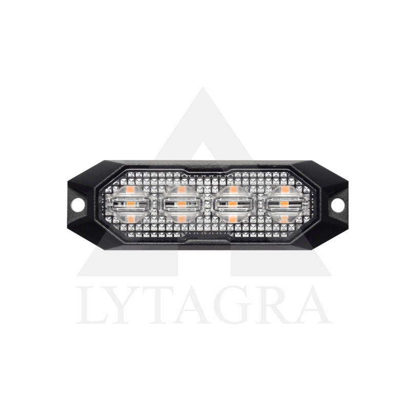 LED švyturėlis geltonas, 4 LED blykstė, (15 funkcijų), tvirtinamas varžtais, klijuojamas  su sinchronizacija, 9W, 12/24V