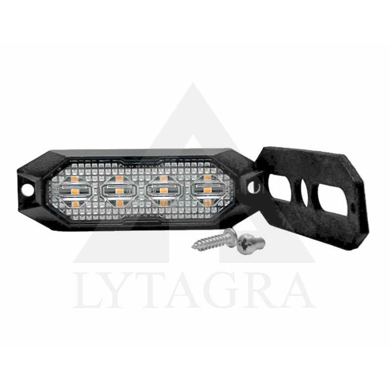 LED švyturėlis geltonas, 4 LED blykstė, (15 funkcijų), tvirtinamas varžtais, klijuojamas  su sinchronizacija, 9W, 12/24V