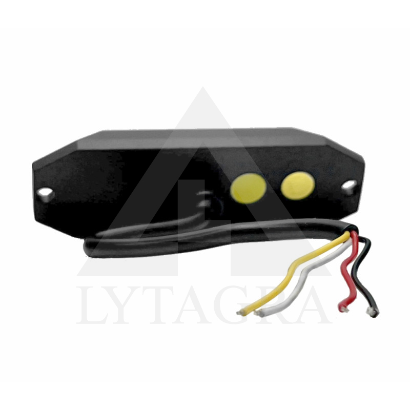 LED švyturėlis geltonas, 4 LED blykstė, (15 funkcijų), tvirtinamas varžtais, klijuojamas  su sinchronizacija, 9W, 12/24V