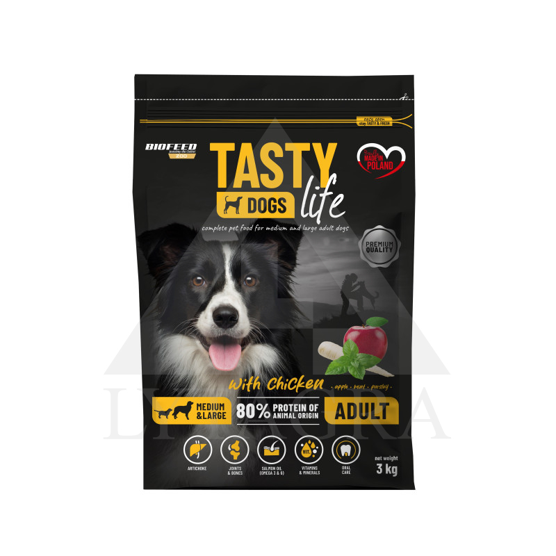 Ėdalas suaugusiems vidutinių ir didelių veislių šunims TASTY DOGS su vištiena 3 kg