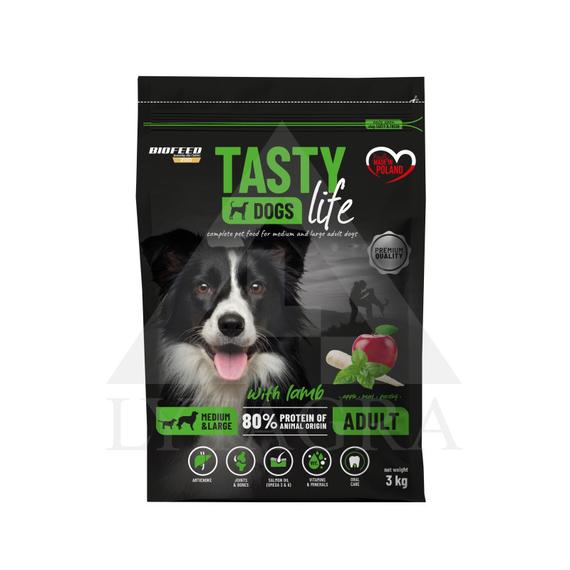 Ėdalas suaugusiems vidutinių ir didelių veislių šunims TASTY DOGS su ėriena 3 kg