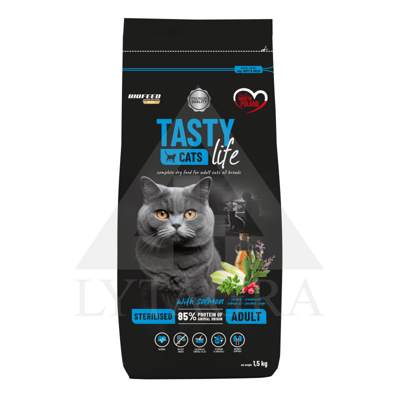 Ėdalas sterilizuotoms katėms TASTY CATS su lašiša 1,5 kg