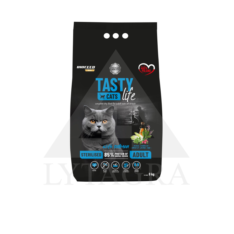 Ėdalas sterilizuotoms katėms TASTY CATS su lašiša 8 kg