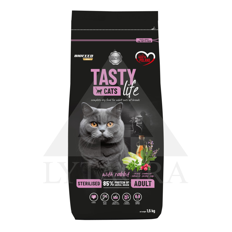 Ėdalas sterilizuotoms katėms TASTY CATS su triušiena 1,5 kg