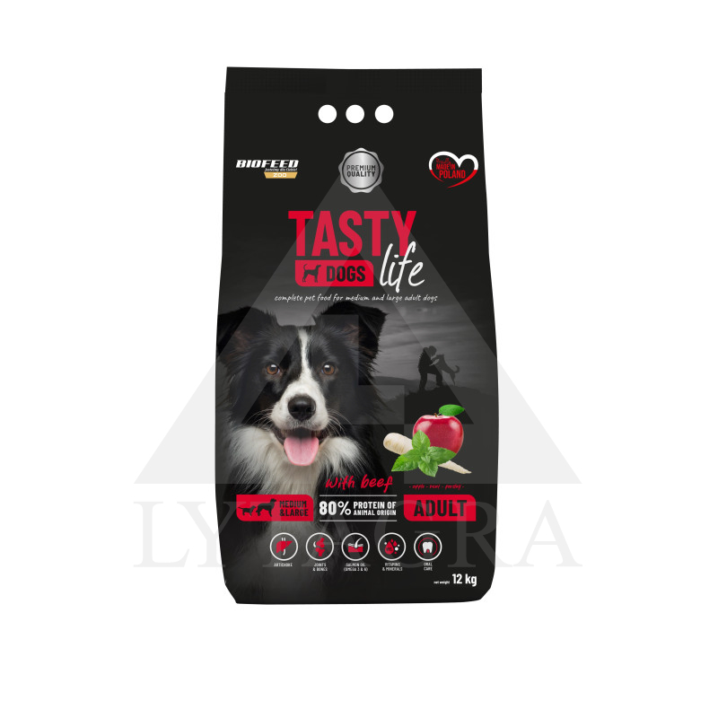 Ėdalas suaugusiems vidutinių ir didelių veislių šunims TASTY DOGS su jauti12 kg