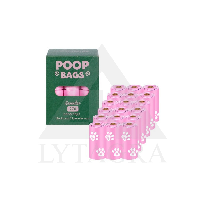 Šunų ekskrementų maišeliai dėžutėje levandų kvapo (18 ritinėliųx15 maišelių)