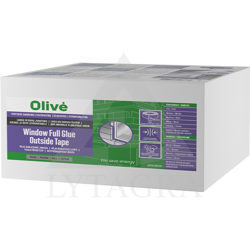 Olive Window Full Glue Outside Tape išorinė langų sandarinimo juosta su pilnu klijų sluoksniu DIY pilka 70 mm 25 m