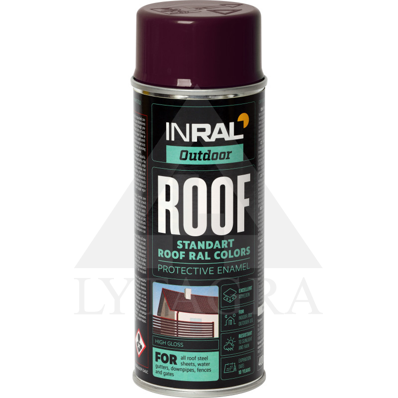 Aerozoliniai dažai stogo dangai INRAL ROOF SPRAY šokoladiniai RAL8017 400 ml.