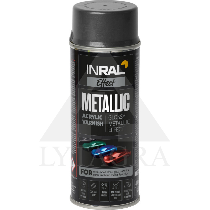 Aerozolinis akrilinis lakas INRAL METALLIC grafito juoda RAL9011 400 ml.