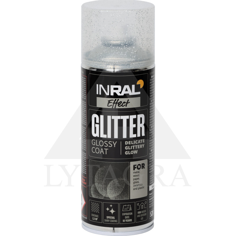 Aerozolinis lakas su blizgučiais INRAL EFFECT GLITTER skaidri sidabro blizgūs 400 ml.