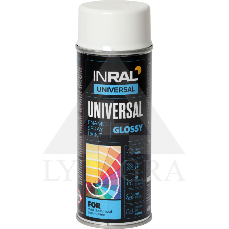 Aerozoliniai universalūs dažai INRAL UNIVERSAL balta RAL9010 blizgūs 400 ml.