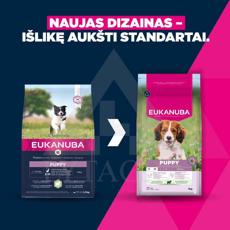 Ėdalas mažų ir vidutinių veislių šuniukams EUKANUBA su ėriena ir ryžiais 3kg