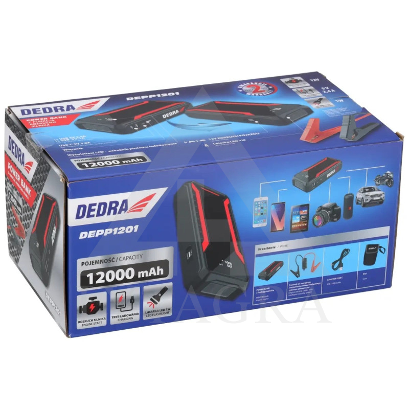 Išorinė baterija su variklio paleidimo funkcija Dedra DEPP1201 12000mah LCD