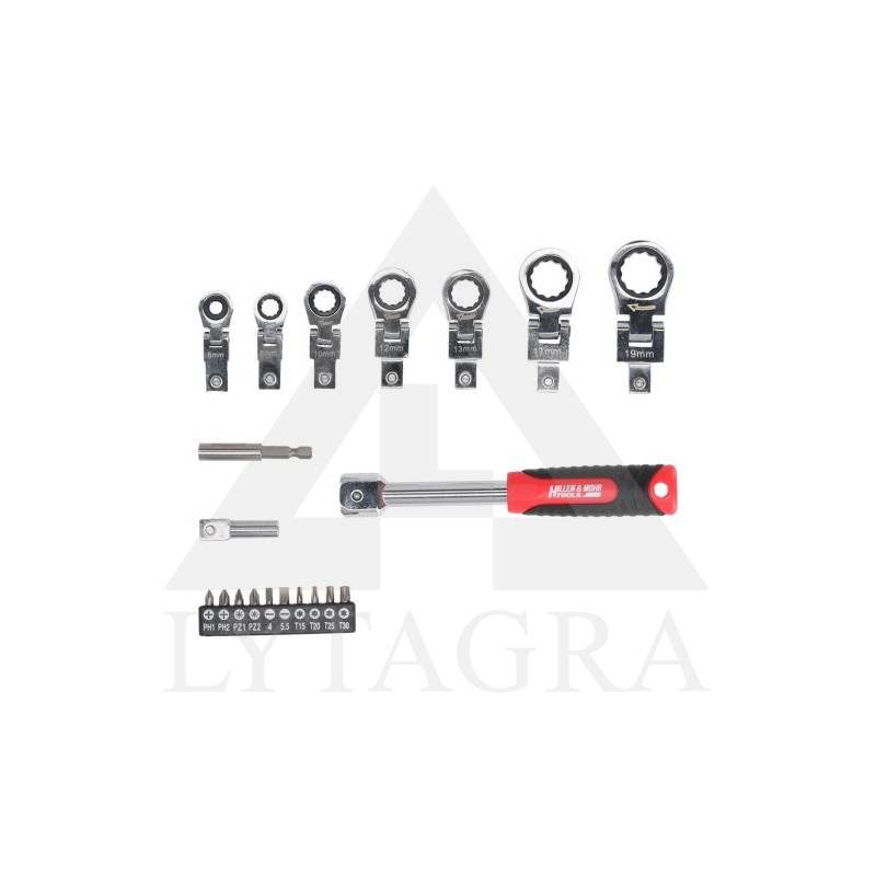 Keičiamų veržliarakčių galvučių komplektas su raktu  Dedra 17L5001, 6–19 mm