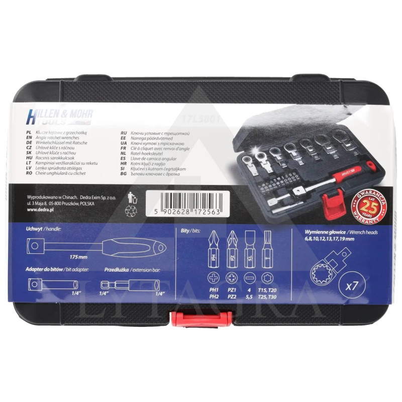 Keičiamų veržliarakčių galvučių komplektas su raktu  Dedra 17L5001, 6–19 mm