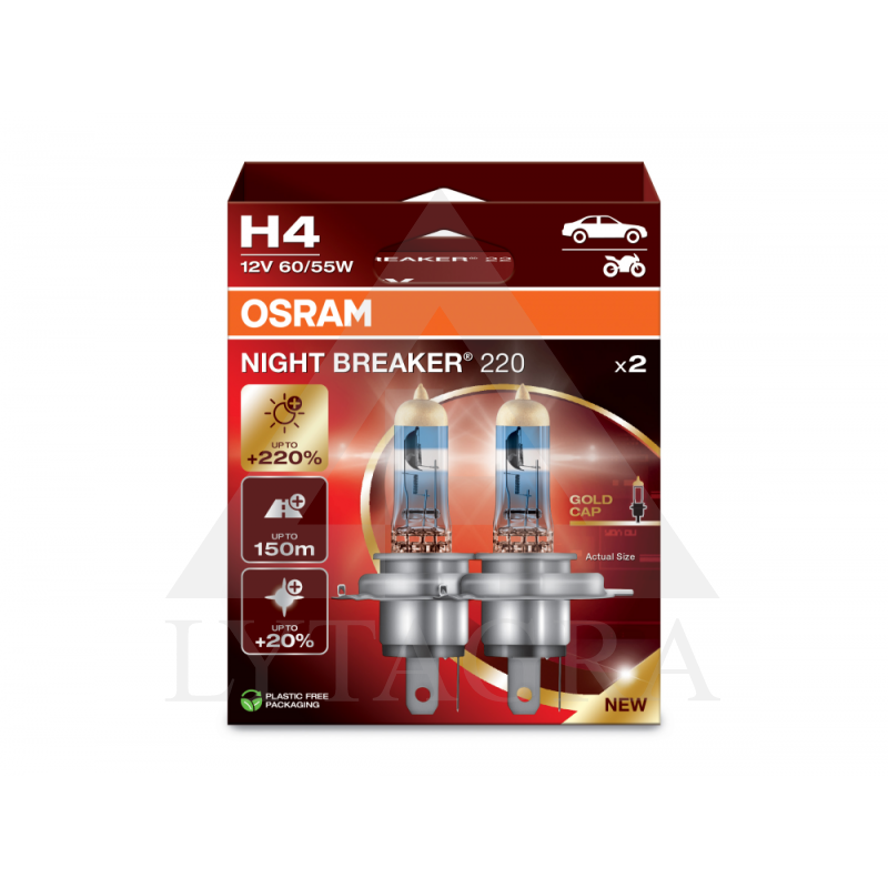 H4 lempučių komplektas 60/55w 12v +220% Osram night breaker 220