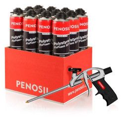 Komplektas: PENOSIL Premium Polystyrol FixFoam 877 klijuojančios putos 750 ml, 12 vnt. + putų pistoletas C1