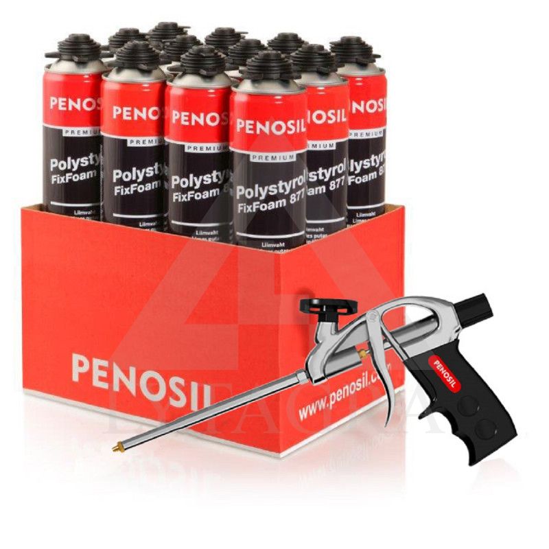 Komplektas: PENOSIL Premium Polystyrol FixFoam 877 klijuojančios putos 750 ml, 12 vnt. + putų pistoletas C1