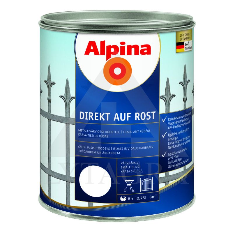 Antikoroziniai dažai  ALPINA DIREKT AUF ROST, RAL9016, 0,75 l, baltos spl.