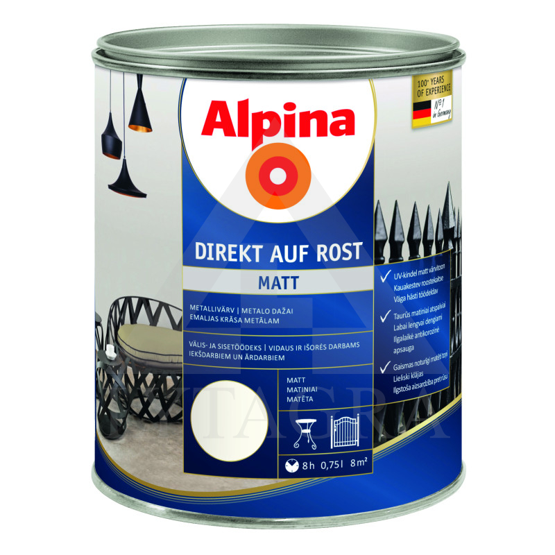 Antikoroziniai dažai  ALPINA DIREKT AUF ROST MATT, RAL9010, 0,75 l, baltos spl., matiniai