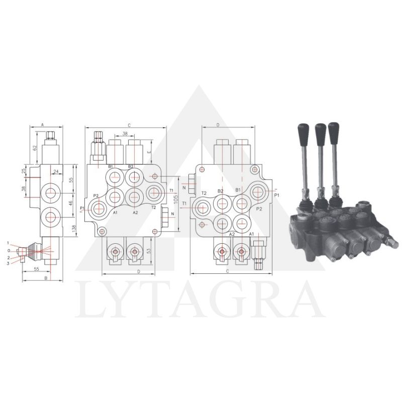 Kryptinis keturių sekcijų (viena sekcija plaukiojanti) hidraulikos valdymo vožtuvas 04P80-1L12A1A1A1-GKZ1