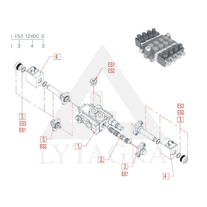 Kryptinis elektromagnetinio valdymo trijų sekcijų hidraulikos valdymo vožtuvas 03Z50-AAA-ES3-12VDC-G
