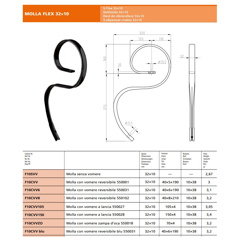 Kultivatoriaus nagas 32X10 itališkas