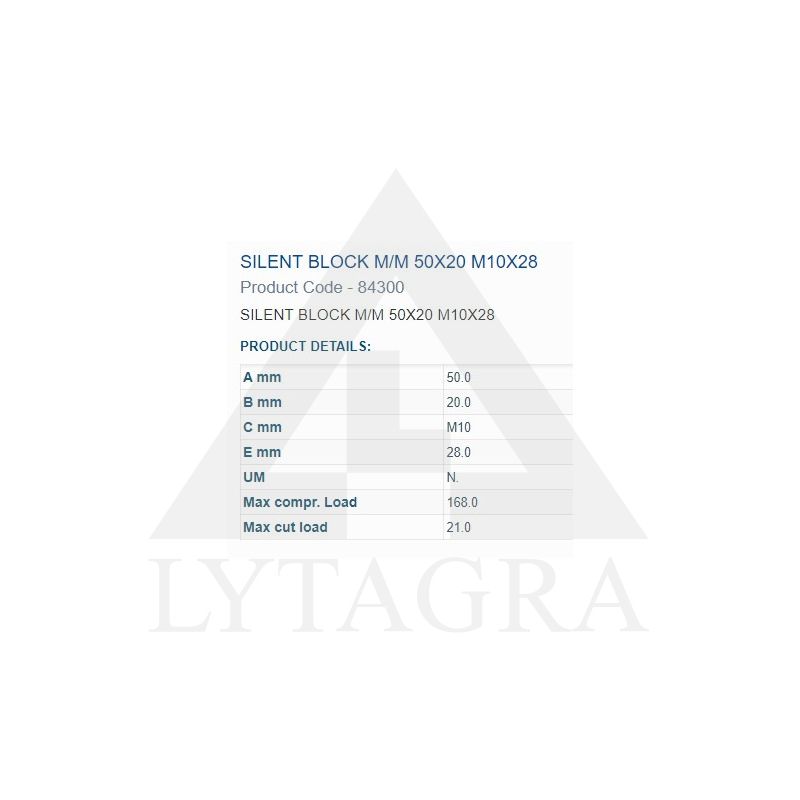 Amortizacinė įvorė 50X20 M10 2 išoriniai sriegiai 84300