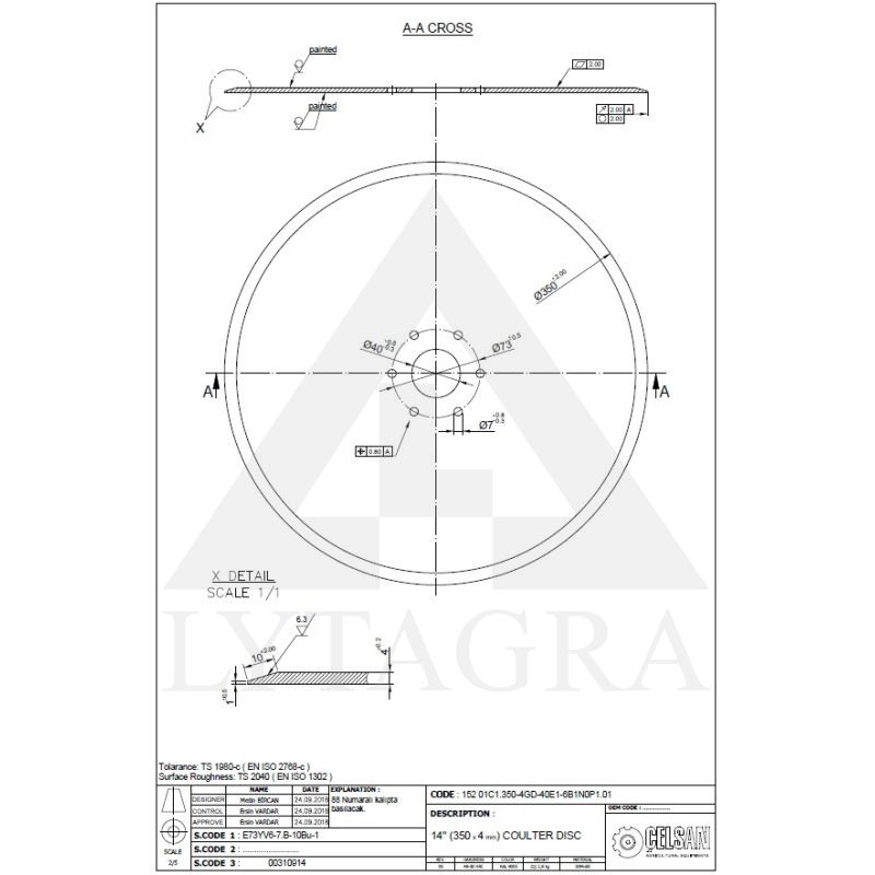 Diskas CELSAN sėjamosios 350x4 mm 6 skylės HORSCH C 537081