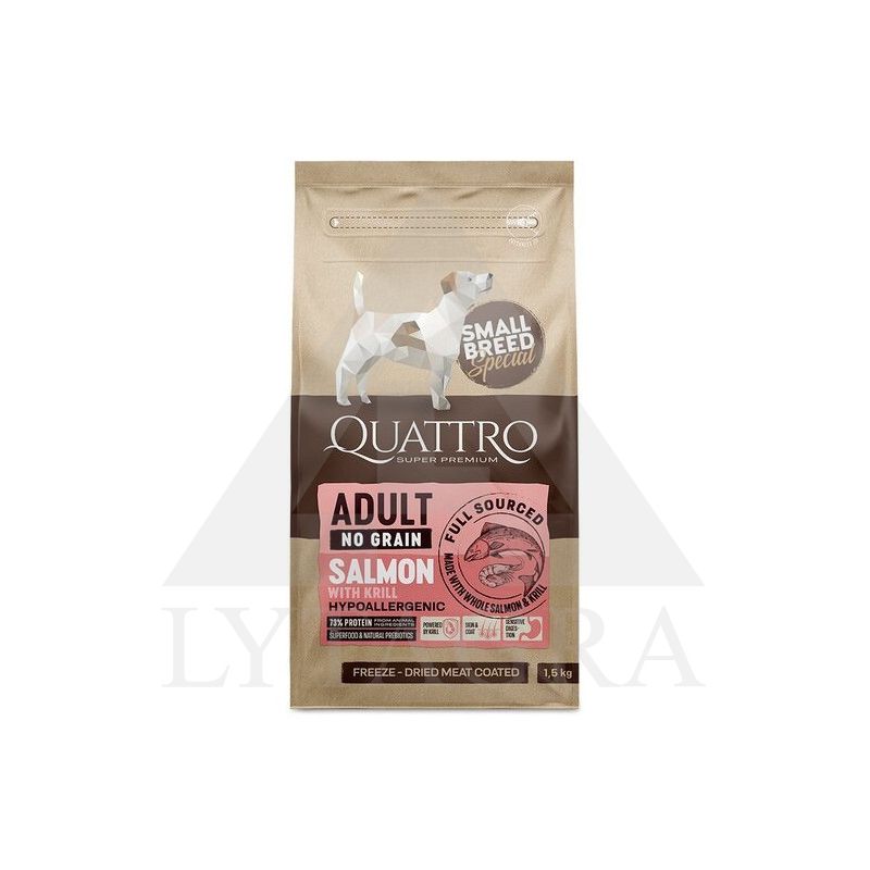 Super premium pašaras suaugusiems mažų veislių šunims Quattro su lašiša ir kriliu 1,5 kg